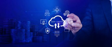 Veri merkezi konsepti. Dijital teknoloji, veri işleme ve mühendislik, bulut hesaplama kavramı, veri merkezli veritabanı yönetimi, yenilikçi teknoloji geçmişi. Değil ai