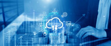 Veri merkezi konsepti. Dijital teknoloji, veri işleme ve mühendislik, bulut hesaplama kavramı, veri merkezli veritabanı yönetimi, yenilikçi teknoloji geçmişi. Değil ai