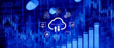 Veri merkezi konsepti. Dijital teknoloji, veri işleme ve mühendislik, bulut hesaplama kavramı, veri merkezli veritabanı yönetimi, yenilikçi teknoloji geçmişi. Değil ai