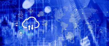 Veri merkezi konsepti. Dijital teknoloji, veri işleme ve mühendislik, bulut hesaplama kavramı, veri merkezli veritabanı yönetimi, yenilikçi teknoloji geçmişi. Değil ai