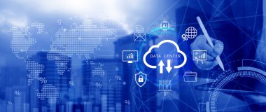 Veri merkezi konsepti. Dijital teknoloji, veri işleme ve mühendislik, bulut hesaplama kavramı, veri merkezli veritabanı yönetimi, yenilikçi teknoloji geçmişi. Değil ai