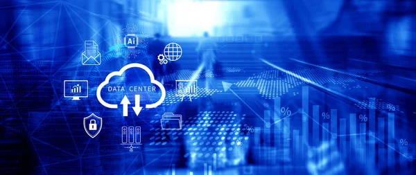 Veri merkezi konsepti. Dijital teknoloji, veri işleme ve mühendislik, bulut hesaplama kavramı, veri merkezli veritabanı yönetimi, yenilikçi teknoloji geçmişi. Değil ai