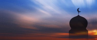 Ramazan arka planı. Hilal aylı cami silueti. Ramazan veya İslami, Ramazan Kareem kutlaması dini geçmişi. Değil ai