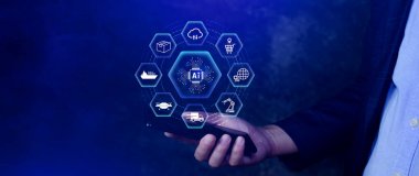 Akıllı lojistik konsepti. Yapay zeka teknolojisiyle depo operasyonları. Envanter takibi, otomasyon ve verimli tedarik zinciri kontrolü için dijital aletler kullanılıyor. Değil ai