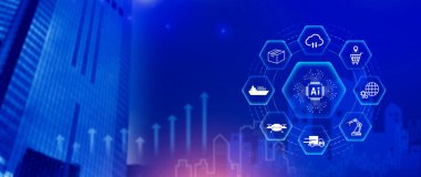 Akıllı lojistik konsepti. Yapay zeka teknolojisiyle depo operasyonları. Envanter takibi, otomasyon ve verimli tedarik zinciri kontrolü için dijital aletler kullanılıyor. Değil ai