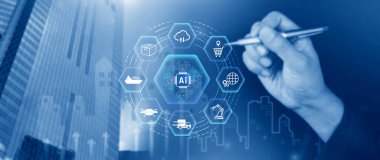 Akıllı lojistik konsepti. Yapay zeka teknolojisiyle depo operasyonları. Envanter takibi, otomasyon ve verimli tedarik zinciri kontrolü için dijital aletler kullanılıyor. Değil ai