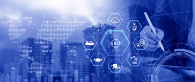 Akıllı lojistik konsepti. Yapay zeka teknolojisiyle depo operasyonları. Envanter takibi, otomasyon ve verimli tedarik zinciri kontrolü için dijital aletler kullanılıyor. Değil ai