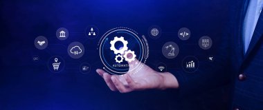 Otomasyon ve IOT Yazılım Teknolojisi İşletme Konsepti. Üretkenliğin, güvenilirliğin ve iş süreçlerinin iyileştirilmesi, teknolojik ve ticari faaliyetlerin tekrarlanabilirliği. Değil ai