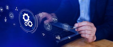 Otomasyon ve IOT Yazılım Teknolojisi İşletme Konsepti. Üretkenliğin, güvenilirliğin ve iş süreçlerinin iyileştirilmesi, teknolojik ve ticari faaliyetlerin tekrarlanabilirliği. Değil ai