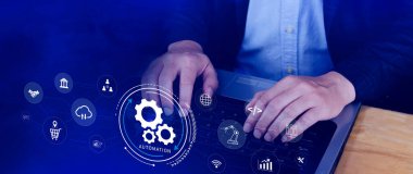 Otomasyon ve IOT Yazılım Teknolojisi İşletme Konsepti. Üretkenliğin, güvenilirliğin ve iş süreçlerinin iyileştirilmesi, teknolojik ve ticari faaliyetlerin tekrarlanabilirliği. Değil ai