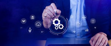 Otomasyon ve IOT Yazılım Teknolojisi İşletme Konsepti. Üretkenliğin, güvenilirliğin ve iş süreçlerinin iyileştirilmesi, teknolojik ve ticari faaliyetlerin tekrarlanabilirliği. Değil ai