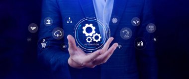 Otomasyon ve IOT Yazılım Teknolojisi İşletme Konsepti. Üretkenliğin, güvenilirliğin ve iş süreçlerinin iyileştirilmesi, teknolojik ve ticari faaliyetlerin tekrarlanabilirliği. Değil ai