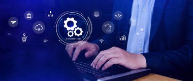 Otomasyon ve IOT Yazılım Teknolojisi İşletme Konsepti. Üretkenliğin, güvenilirliğin ve iş süreçlerinin iyileştirilmesi, teknolojik ve ticari faaliyetlerin tekrarlanabilirliği. Değil ai