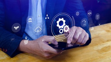 Otomasyon ve IOT Yazılım Teknolojisi İşletme Konsepti. Üretkenliğin, güvenilirliğin ve iş süreçlerinin iyileştirilmesi, teknolojik ve ticari faaliyetlerin tekrarlanabilirliği. Değil ai