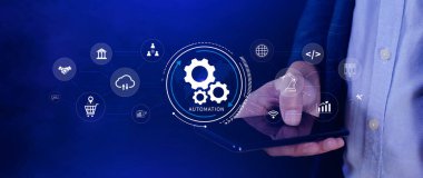 Otomasyon ve IOT Yazılım Teknolojisi İşletme Konsepti. Üretkenliğin, güvenilirliğin ve iş süreçlerinin iyileştirilmesi, teknolojik ve ticari faaliyetlerin tekrarlanabilirliği. Değil ai