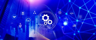 Otomasyon ve IOT Yazılım Teknolojisi İşletme Konsepti. Üretkenliğin, güvenilirliğin ve iş süreçlerinin iyileştirilmesi, teknolojik ve ticari faaliyetlerin tekrarlanabilirliği. Değil ai