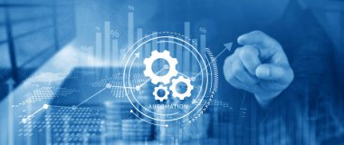 Otomasyon ve IOT Yazılım Teknolojisi İşletme Konsepti. Üretkenliğin, güvenilirliğin ve iş süreçlerinin iyileştirilmesi, teknolojik ve ticari faaliyetlerin tekrarlanabilirliği. Değil ai