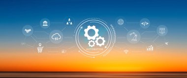 Otomasyon ve IOT Yazılım Teknolojisi İşletme Konsepti. Üretkenliğin, güvenilirliğin ve iş süreçlerinin iyileştirilmesi, teknolojik ve ticari faaliyetlerin tekrarlanabilirliği. Değil ai