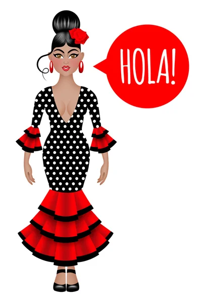 Schöne Spanierin in traditioneller Flamenco-Kleidung, die "Hallo" in spanischer Sprache sagt. isoliert auf weißem Hintergrund. — Stockfoto