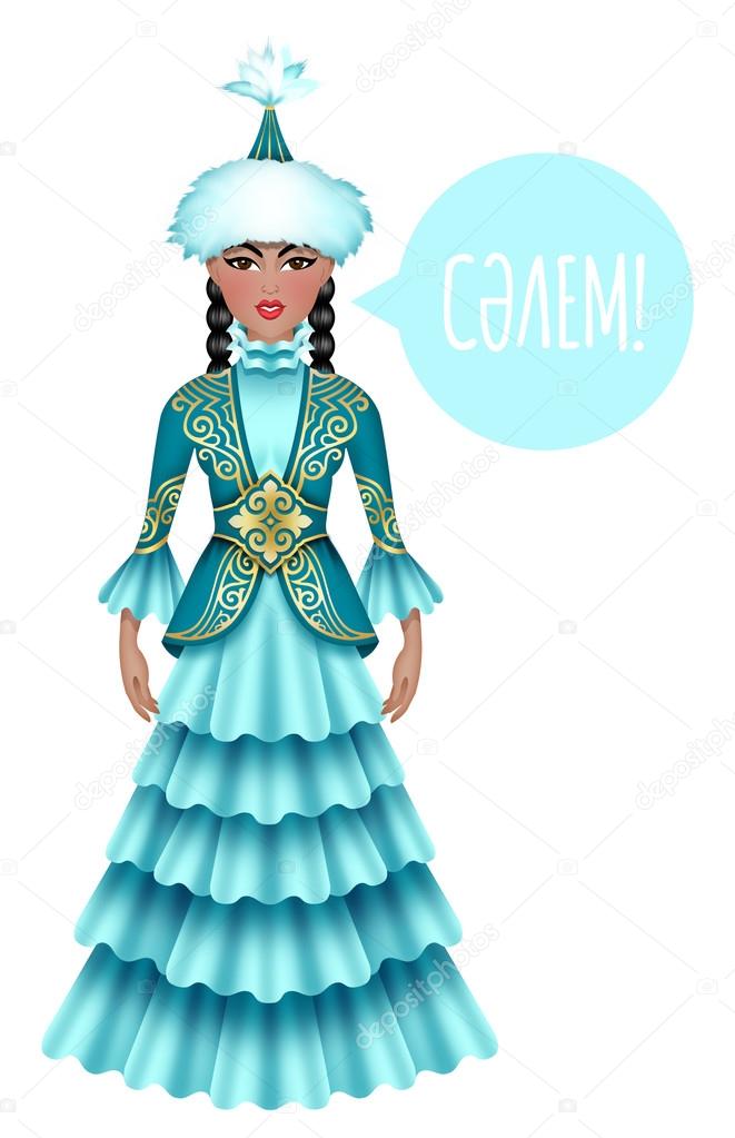 Beautiful kazakh woman in traditional costume saying 