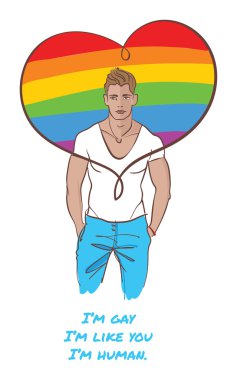 Genç yakışıklı gay adam beyaz T-shirt ve kot. LGBT renkleri kalp. Vektör çizim.