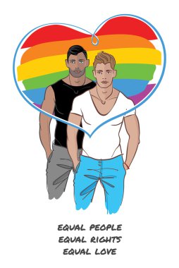 Genç gay çift. LGBT renkleri kalp. Vektör çizim.