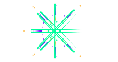 Mor ve turuncu aksanlı canlı yeşil yıldız patlaması tasarımı