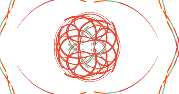 Canlı kırmızı ve yeşil soyut çizgiler dinamik bir küre oluşturuyor.