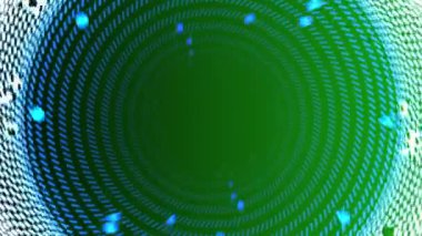 Bir spiral içinde hareket eden mavi ışık noktalarından oluşan canlı yeşil bir tünel