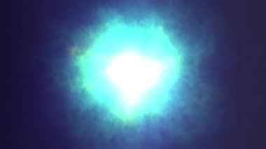 Karanlık uzayda parlak mavi bir ışık parlıyor.