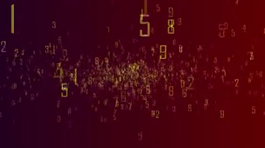 Koyu kırmızı gradyan üzerinde sarı sayılar bulunan soyut dijital arkaplan veri akışını ve teknolojiyi temsil ediyor