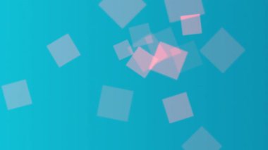 Mavi arka planda yumuşak pembe yansımaları olan zarif yüzen cam kareler modern bir görsel etki yaratıyor.