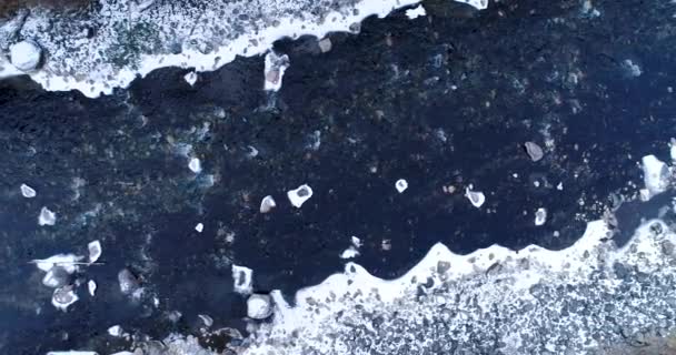 Décongélation de l'eau glacée dans la rivière avec forêt de conifères sur les côtés — Video