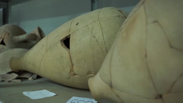 Antiguos artefactos restaurados ánforas de cerámica en el depósito arqueológico. — Vídeos de Stock
