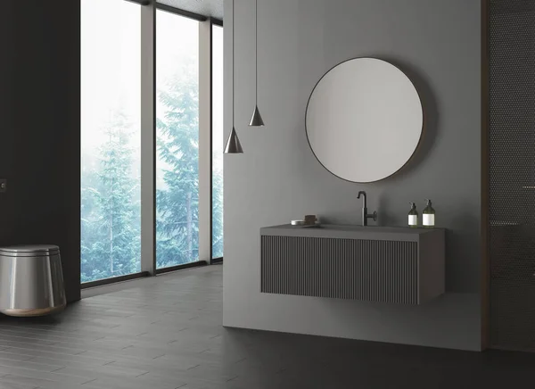 黑暗浴室内部与黑色地板 黑色厕所和椭圆形的镜子 侧视图 简约的黑色浴室 配有现代家具 3D渲染 — 图库照片