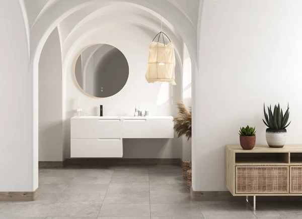 Modern yüzyılın ortalarında ve minimalist banyo iç mimarisi, beyaz dekor konsepti, modern beyaz banyo dolabı ve beton zeminde beyaz duvarlı beyaz küvet. 3d oluşturma