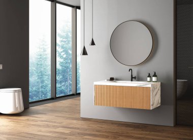 Minimalist banyo, parke zemin, siyah tuvalet ve oval ayna, yan görüş. Minimalist gri banyo ve modern mobilyalar. 3d oluşturma
