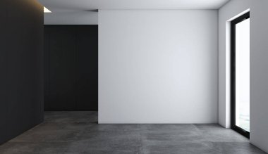 3 boyutlu döşeme, mobilyaları yok. Beyaz duvarlar, rahat bir oda, beton döşeme. 3d oluşturma