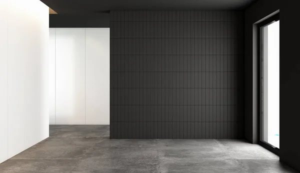 Mobilyasız 3 boyutlu ev yapımı. Karanlık duvarlar, rahat bir oda, beton döşeme. 3d oluşturma