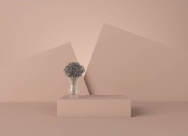 Vazoda çiçekler olan boş dikdörtgen podyum, boş kaide, yuvarlak sahne, vitrin standı, ürün sergisi, boş tahta, pastel renkli fuar platformu. 3d oluşturma