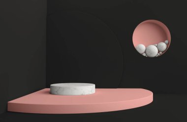 Soyut minimalist siyah arkaplan. Boş mermer silindir podyum, boş kaide, yuvarlak sahne, vitrin standı, ürün sergisi, boş tahta, pastel renkli fuar platformu. 3d oluşturma