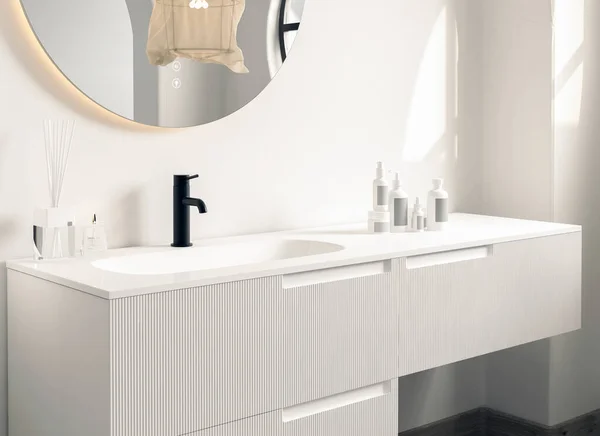 Close up of sink with oval mirror standing in on white wall , white  cabinet  with black faucet in minimalist bathroom. Side view. 3d rendering