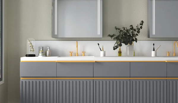 用配件把浴室的家具关上 正方形的镜子挂在灰泥色的墙上 3D渲染 — 图库照片