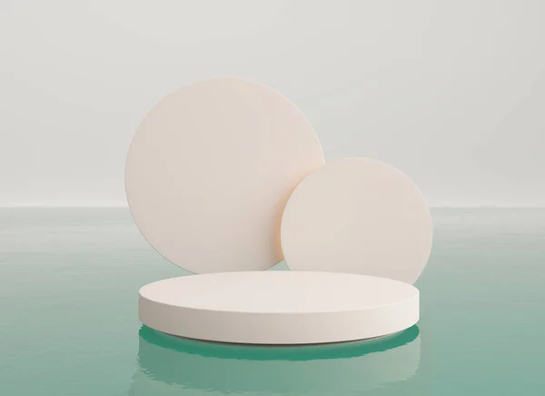 Suda beyaz arkaplanlı boş 3D silindir podyum. Boş kaide, yuvarlak sahne, vitrin standı, ürün sergisi, boş tahta, pastel renkli fuar platformu. 3d oluşturma