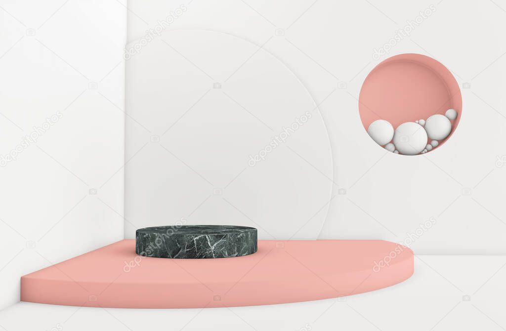 Abstract minimalist white background. Empty marble cylinder podium, vacant pedestal, round stage, showcase stand, product display, blank board, expo platform with pastel colors. 3d rendering