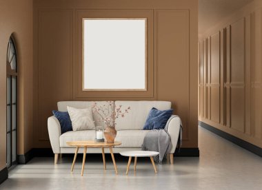 İç mekan stüdyo modeli, klasik tarz, duvarda asılı çerçeve. 3B görüntüleme 