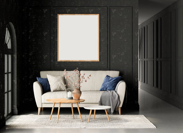 Interior living studio mock-up, black classic style, frame hanging on wall. 3D rendering