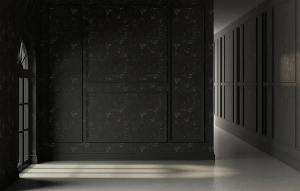 Empty room interior black, classic style, black walls, decorations frames, concrete flooring. Studio mock-up. 3D rendering