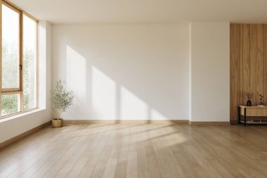 Modern interior living room ,empty room ,wood floor and white wall .3d rendering