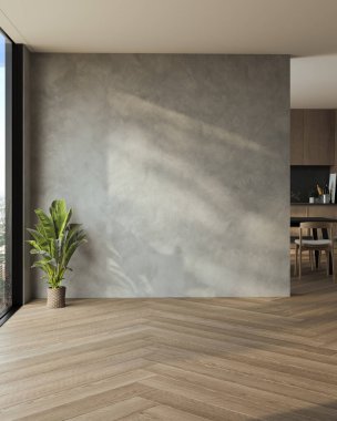 Daire, mutfak, masa ve sandalyeli yemek odası, beton duvarlı boş oturma odası, panorama. 3d Hazırlama